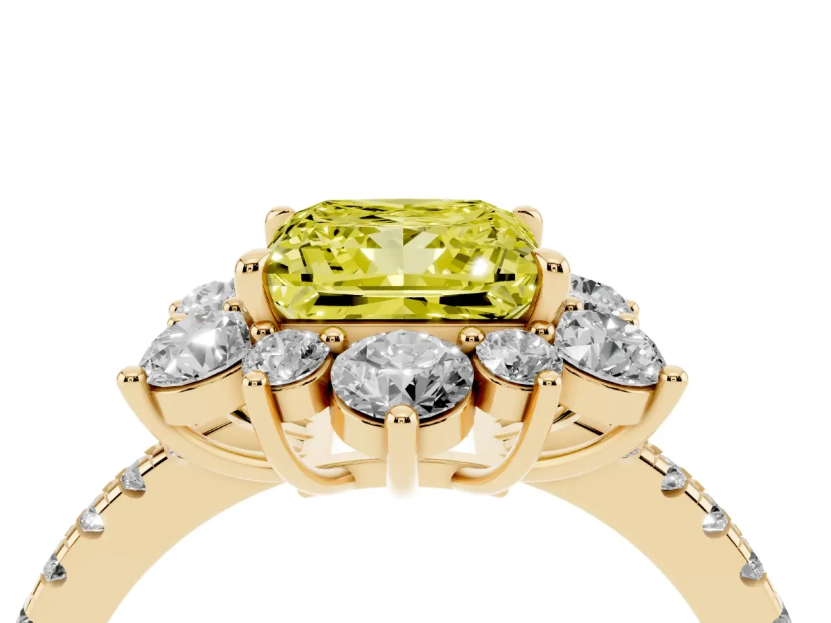 Fancy Yellow Princess Cut Diamond Floral Halo Ring with Round Pavé Band and Prong Setting Yellow gold