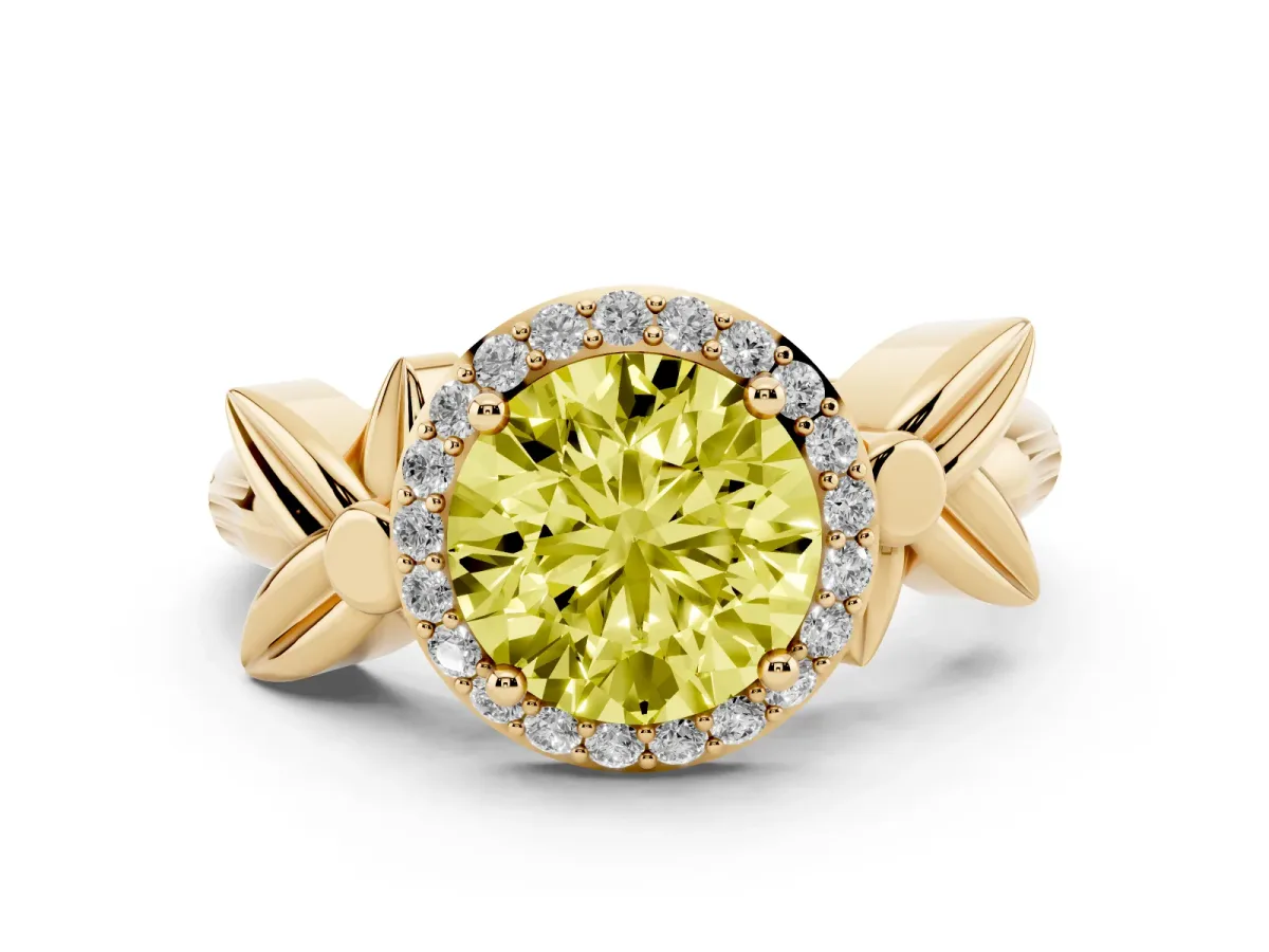 Fancy Yellow Round Cut Halo Diamond Floral Band with Four-Prong Setting Yellow gold