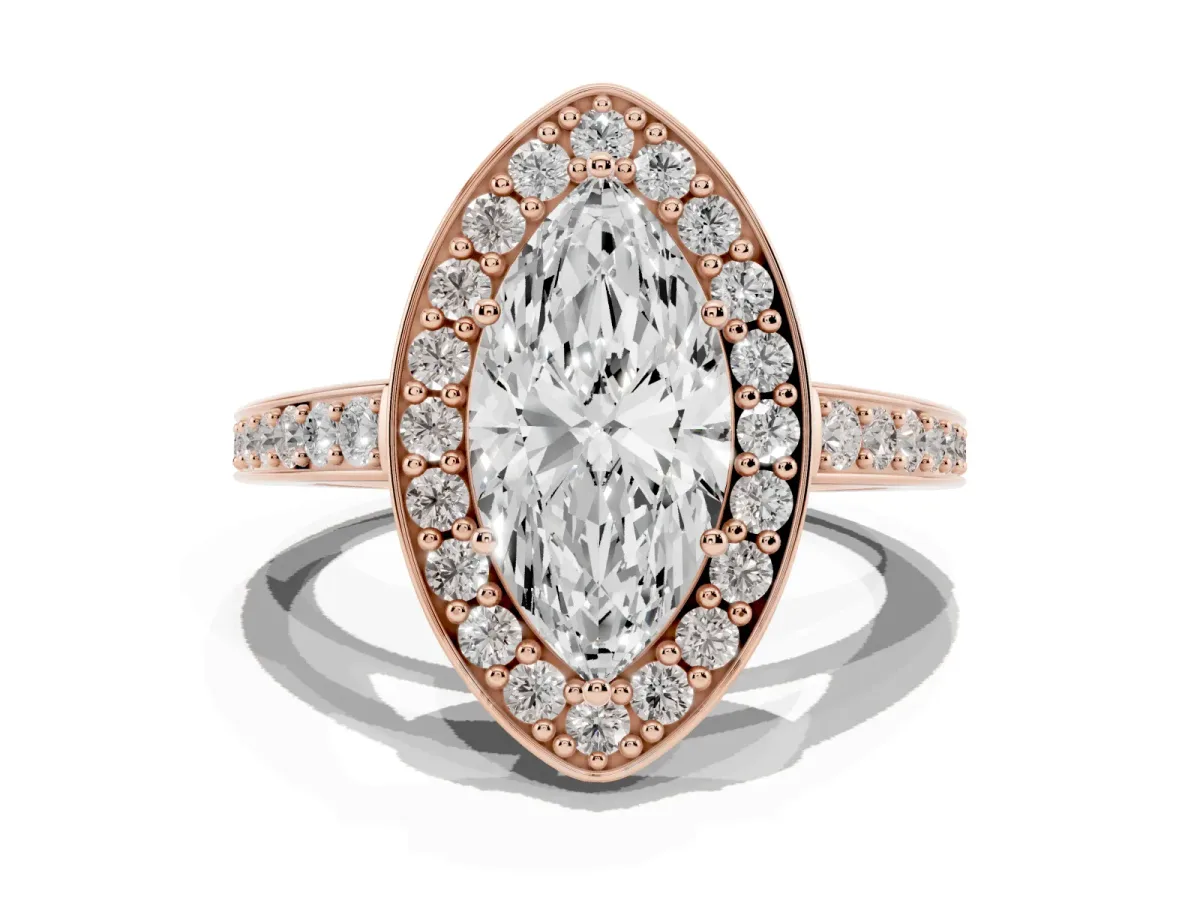 Marquise Cut Halo Pavé Diamond Engagement Ring with Bezel Setting Rose gold