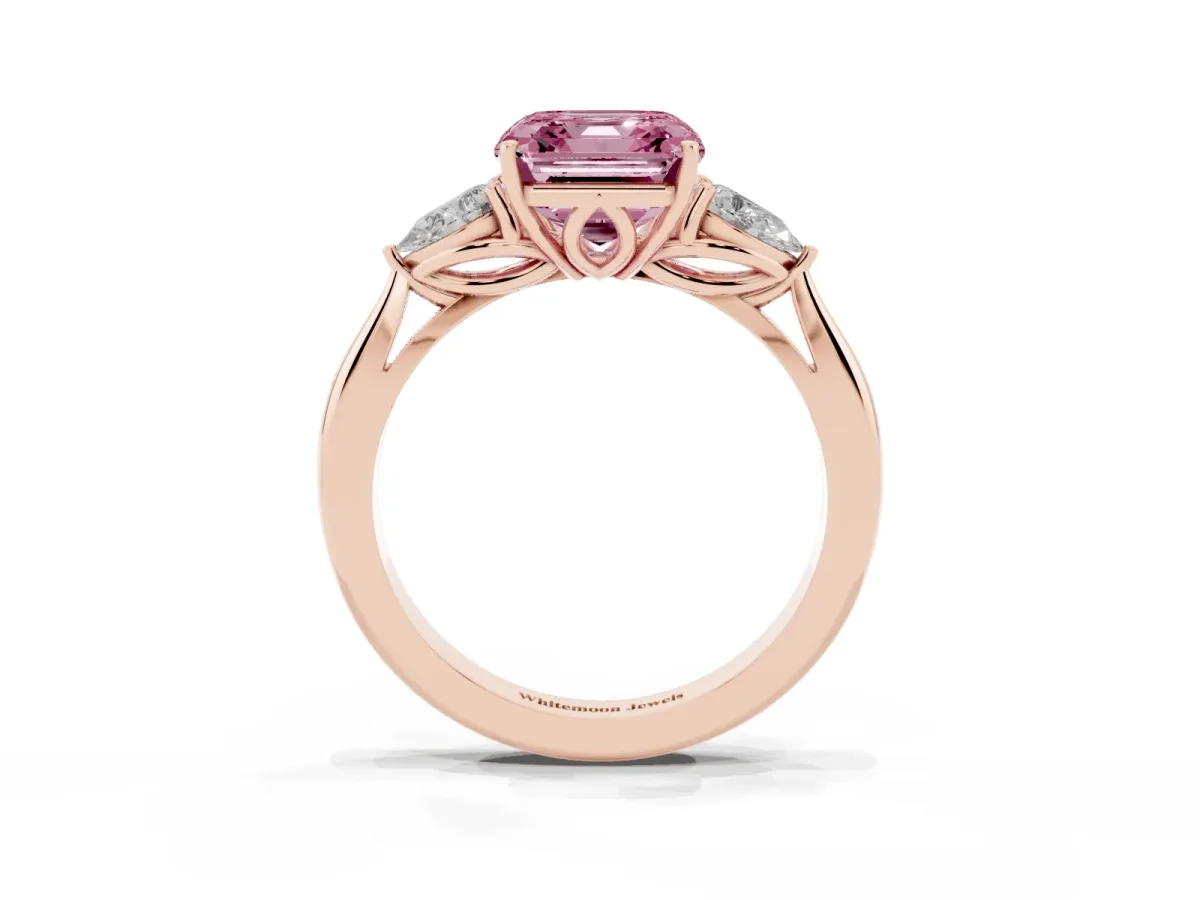 Fancy Pink Three-Stone Asscher Cut Diamond Ring with Pear Side Stones in Four-Prong Setting Rose gold