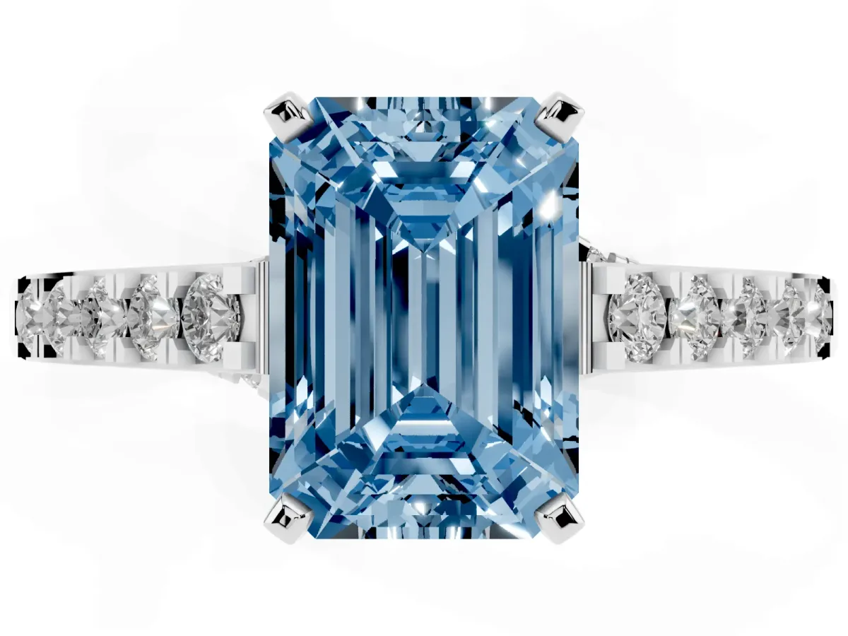 Fancy Blue Emerald Cut Diamond Solitaire Ring with Crossover Gallery and Round Pavé Band Platinum