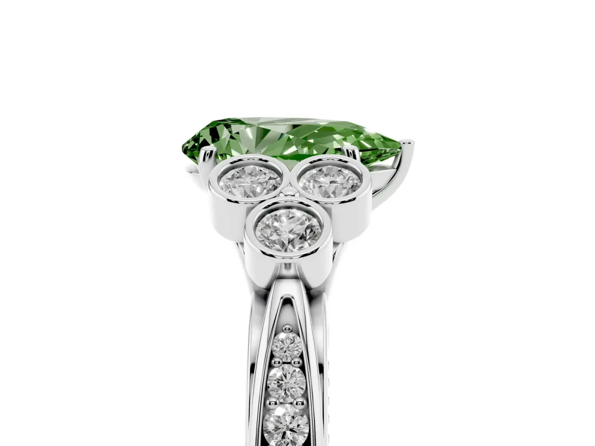 Fancy Green Pear Cut Cut Diamond Engagement Ring with Bezel Set Round Side Stones and Prong Setting Silver