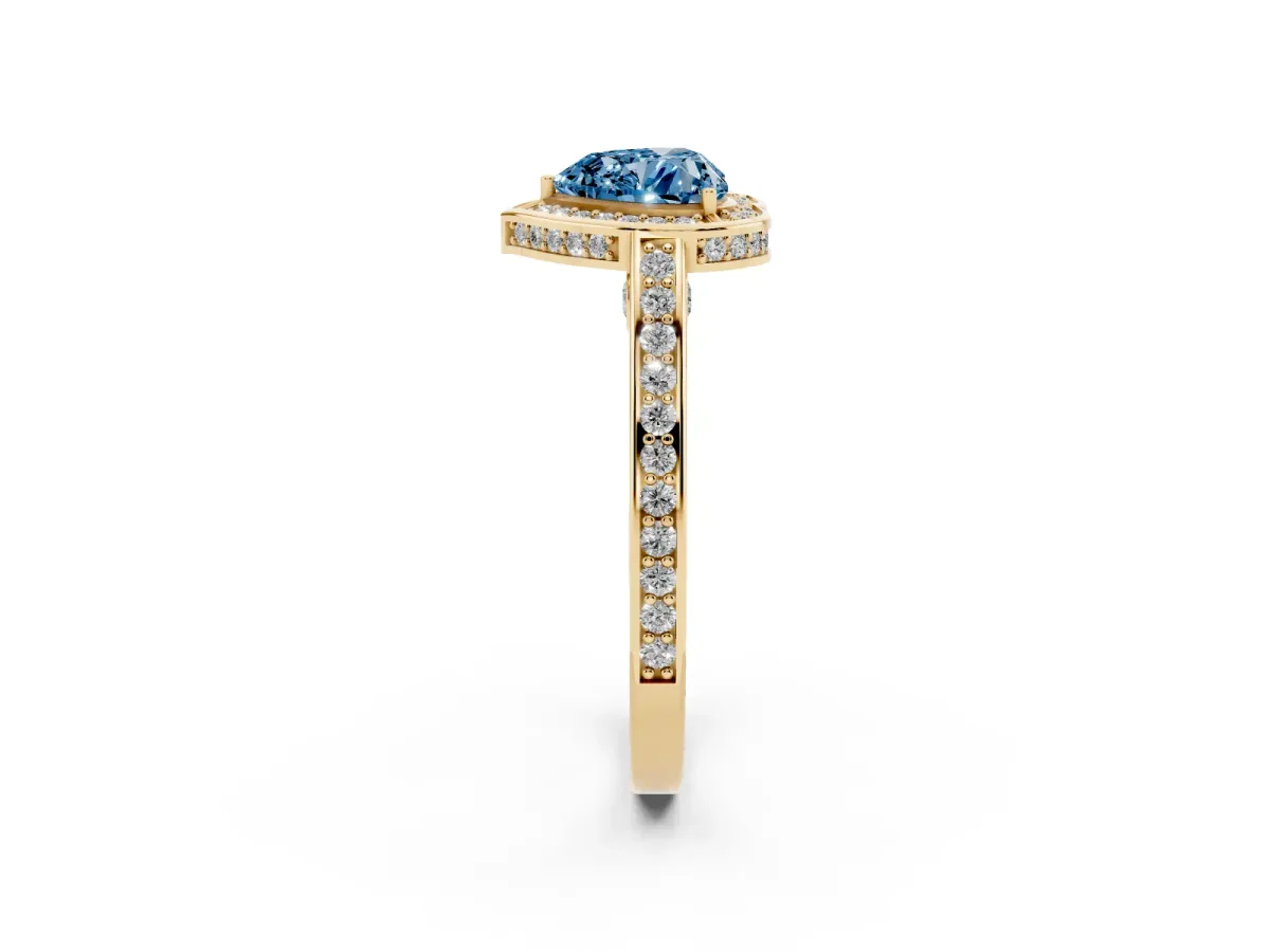 Fancy Blue Heart Cut Cut Halo Pave Split Shank Prong Setting Ring Yellow gold