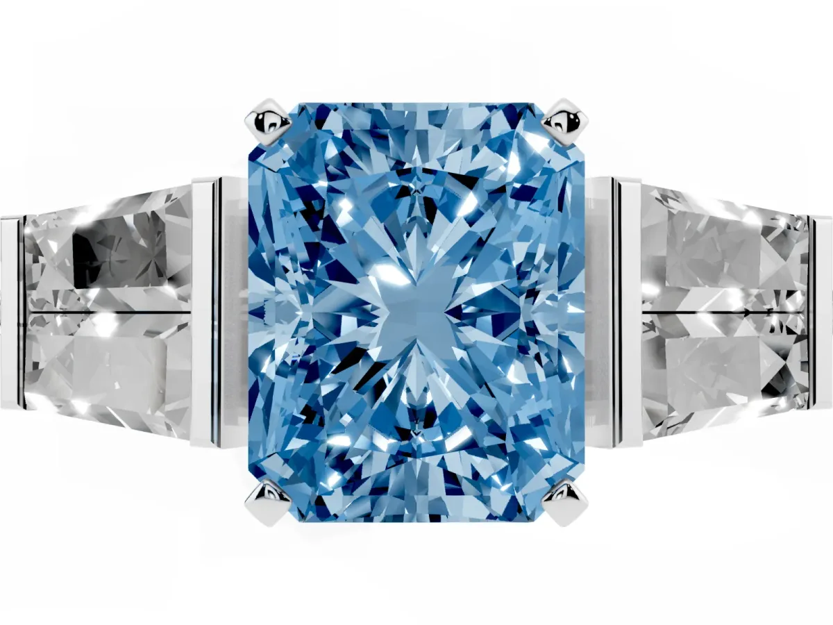 Fancy Blue Radiant Cut Diamond Engagement Ring with Baguette Side Stones and Channel Set Band White gold