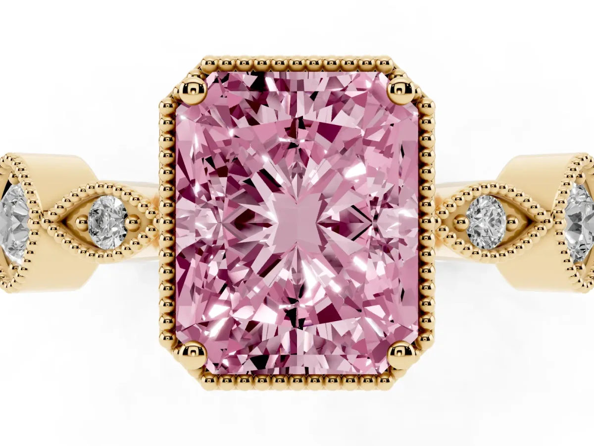 Fancy Pink Radiant Cut Diamond Vintage Milgrain Ring with Round Stations Yellow gold