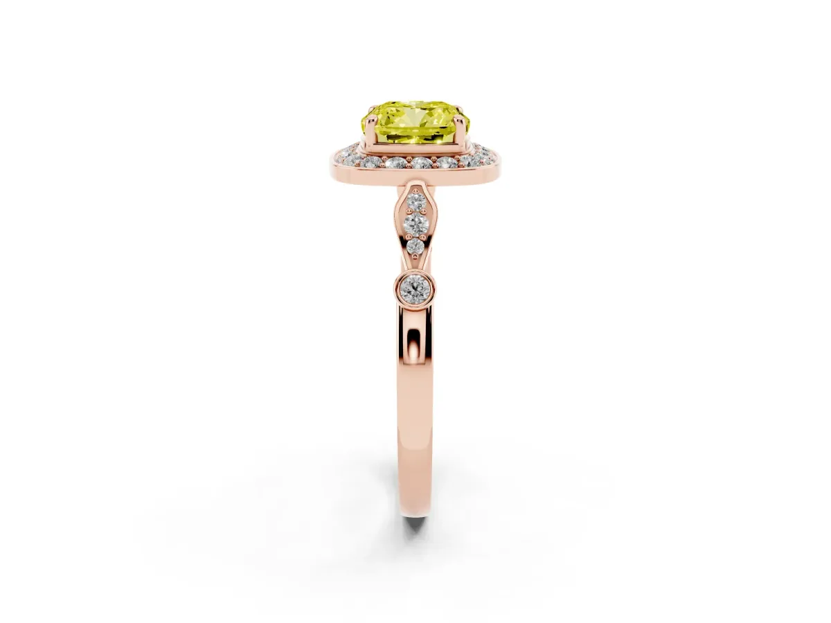Fancy Yellow Cushion Cut Halo Diamond Engagement Ring with Twisted Band and Four-Prong Setting Rose gold