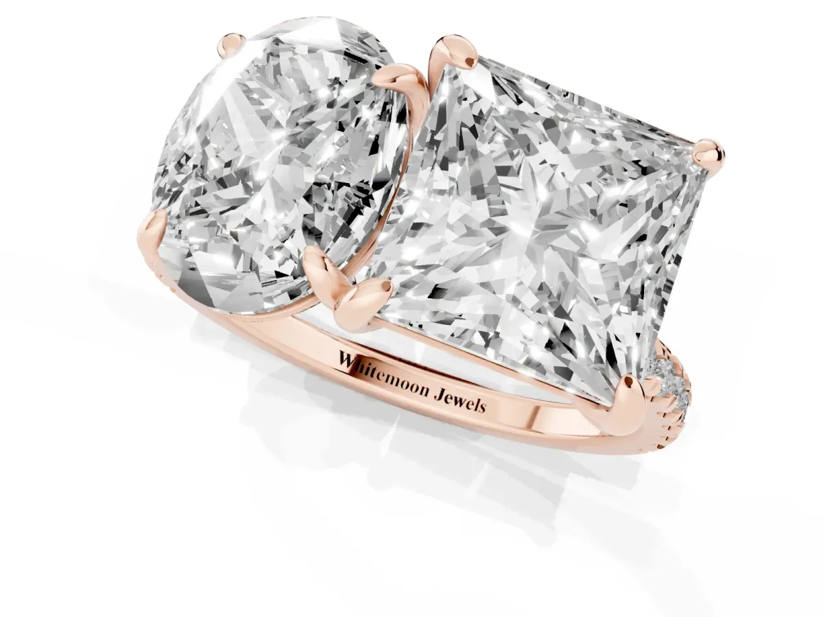 Oval and Princess Toi Moi Ring with Prong Setting and Micro Pave Band Rose gold