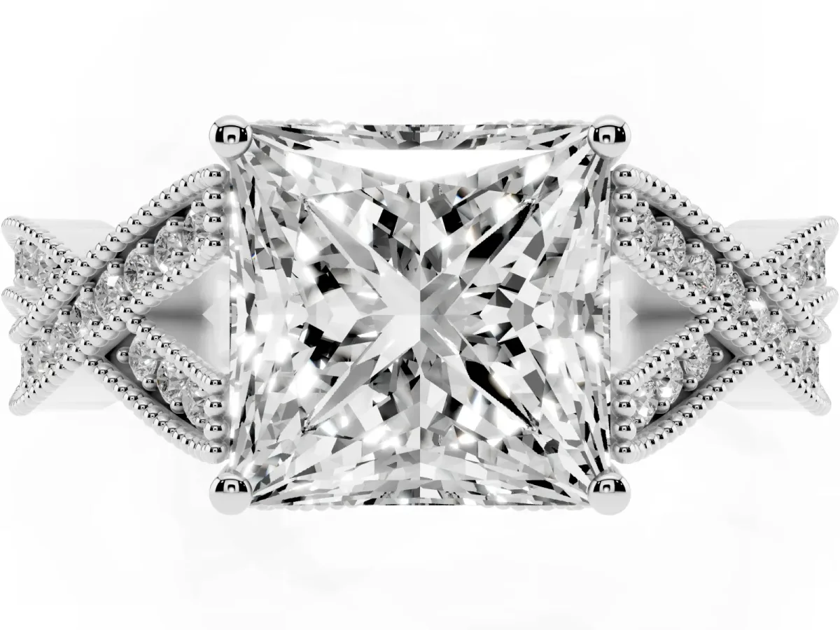 Princess Cut Cut Diamond Twisted Band with Milgrain Pave Setting and Four-Prong Setting Silver