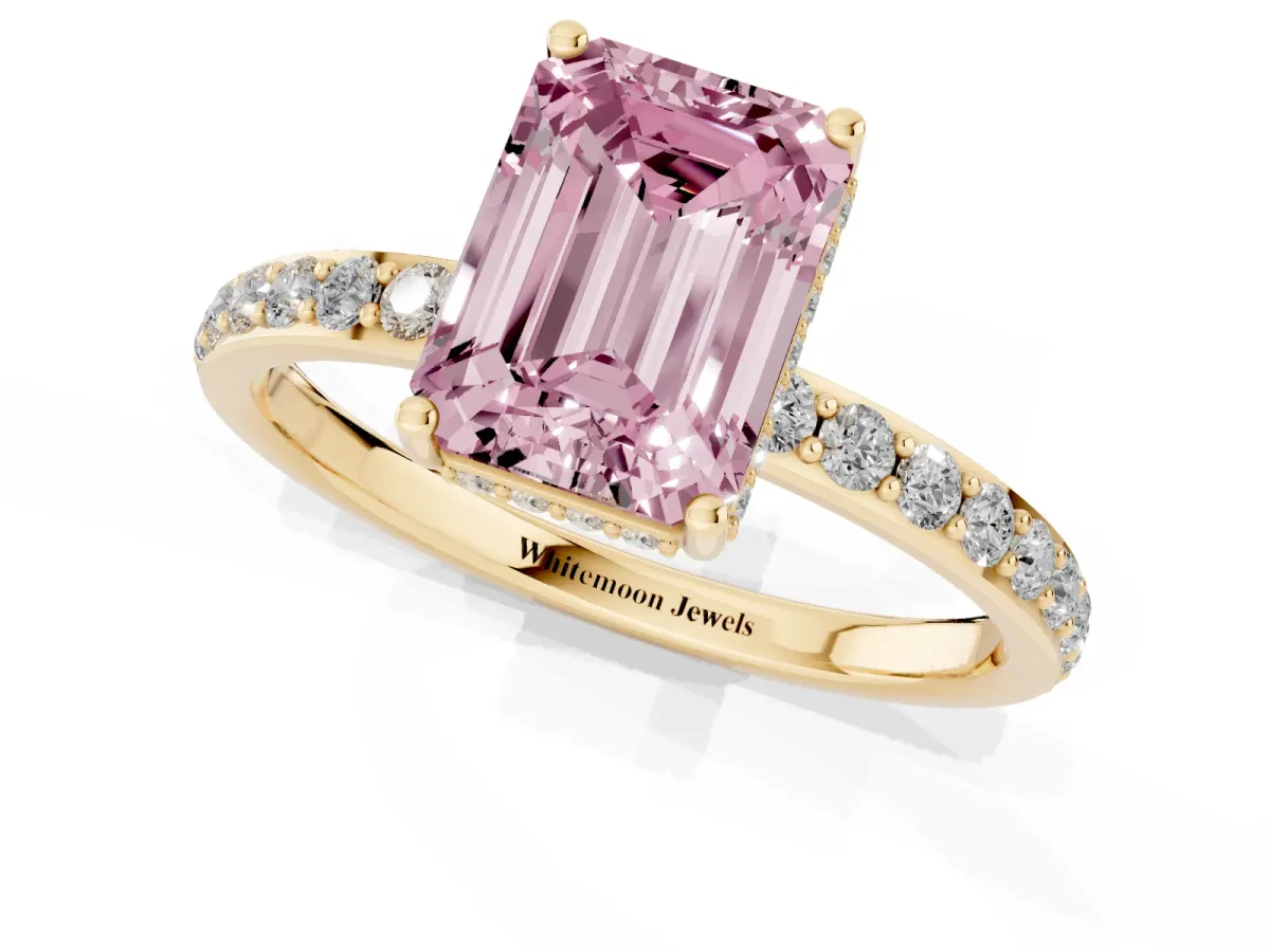 Fancy Pink Emerald Cut Diamond Solitaire Ring with Pavé Band and Hidden Halo Yellow gold