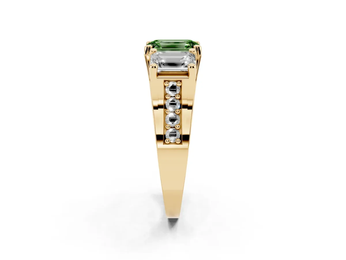 Fancy Green Emerald Cut Diamond Three-Stone Ring with Channel Set Band and Four-Prong Setting Yellow gold