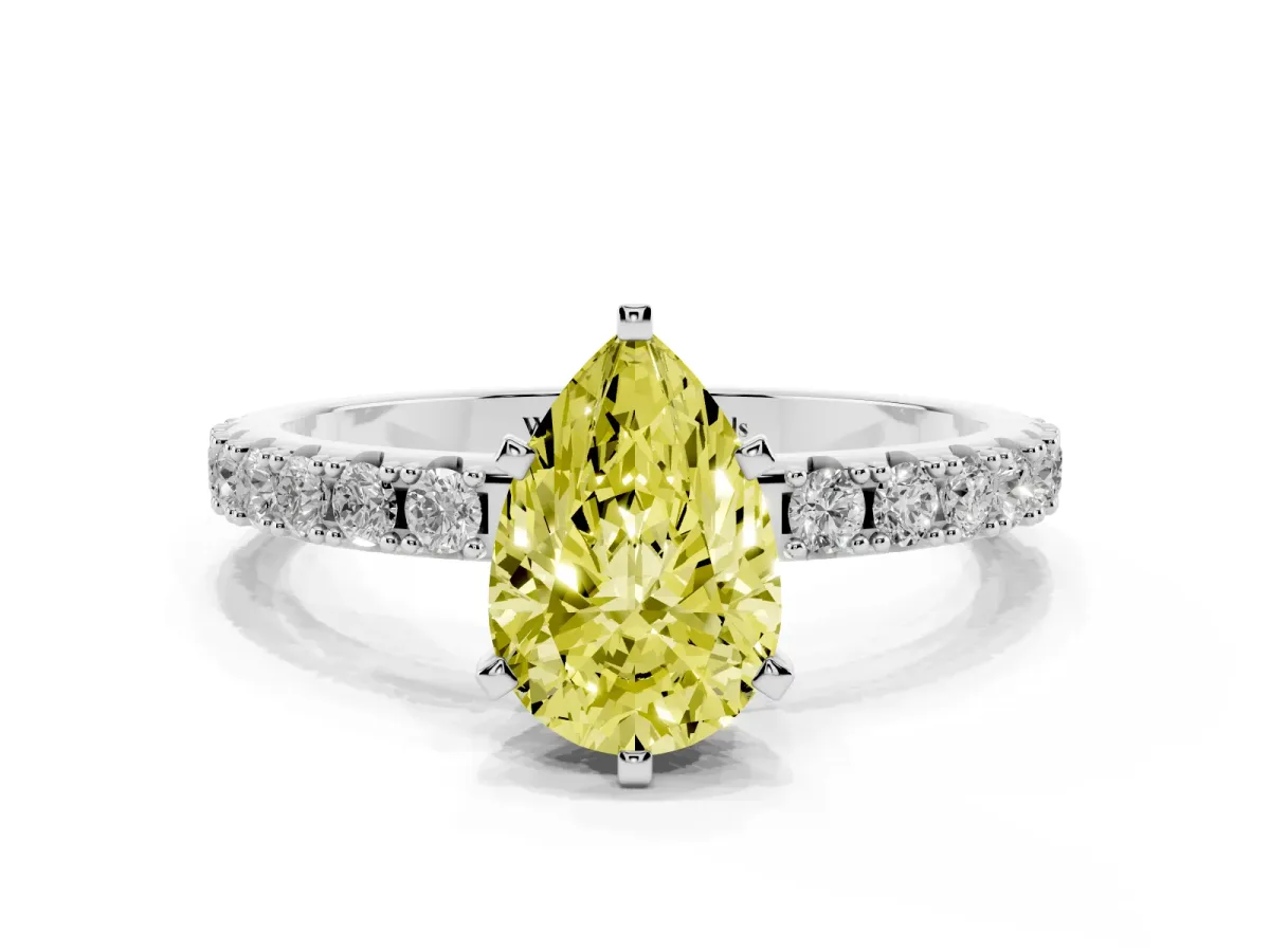 Fancy Yellow Pear Cut Diamond Solitaire Pavé Band with Four-Prong Setting Platinum
