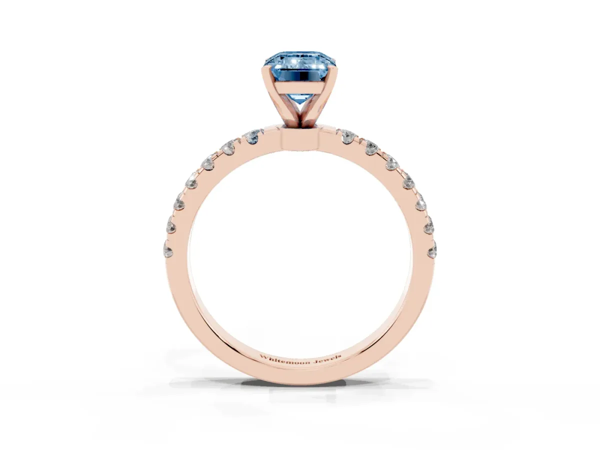 Fancy Blue Emerald Cut Diamond Solitaire Ring with Pavé Accents and Four-Prong Setting Rose gold