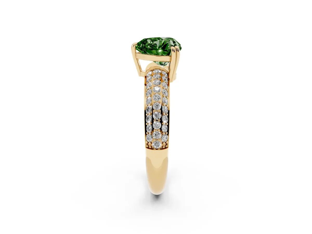 Fancy Green Heart Cut Diamond Solitaire Ring with Multi-Row Round Pavé Band and Prong Setting Yellow gold
