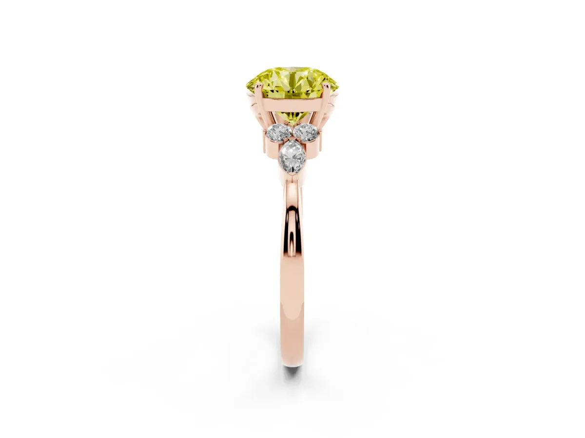 Fancy Yellow Round Cut Brilliant Diamond Solitaire Ring with Pear Side Stones and Four-Prong Setting Rose gold