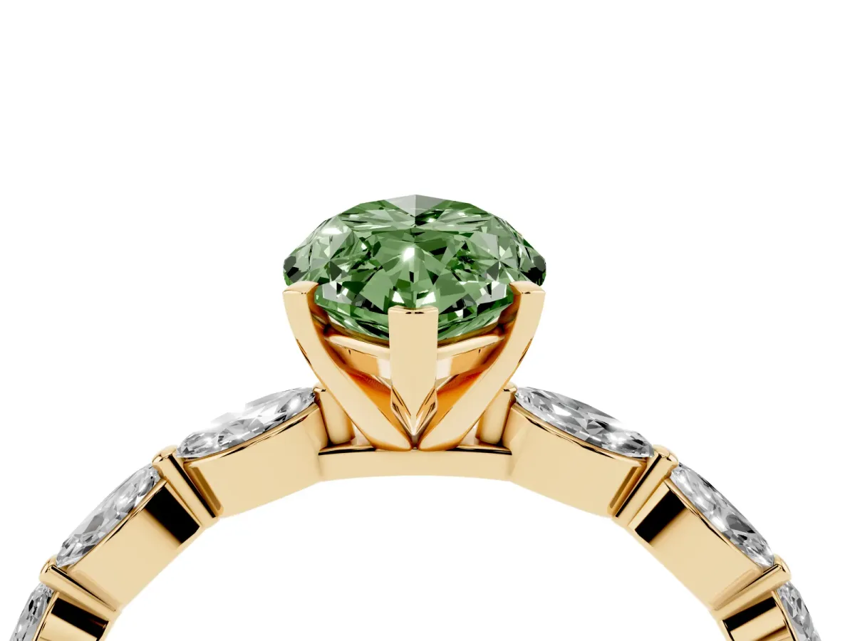 Fancy Green Marquise Cut Diamond Ring with Marquise Side Stones and Prong Setting Yellow gold