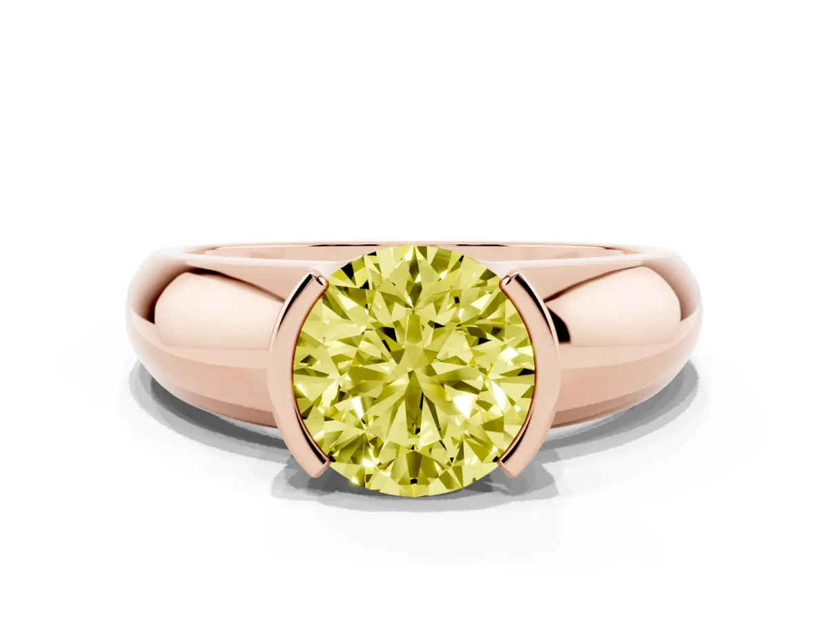 Fancy Yellow Round Cut Solitaire Tension Set Diamond Ring with Wide Band Rose gold