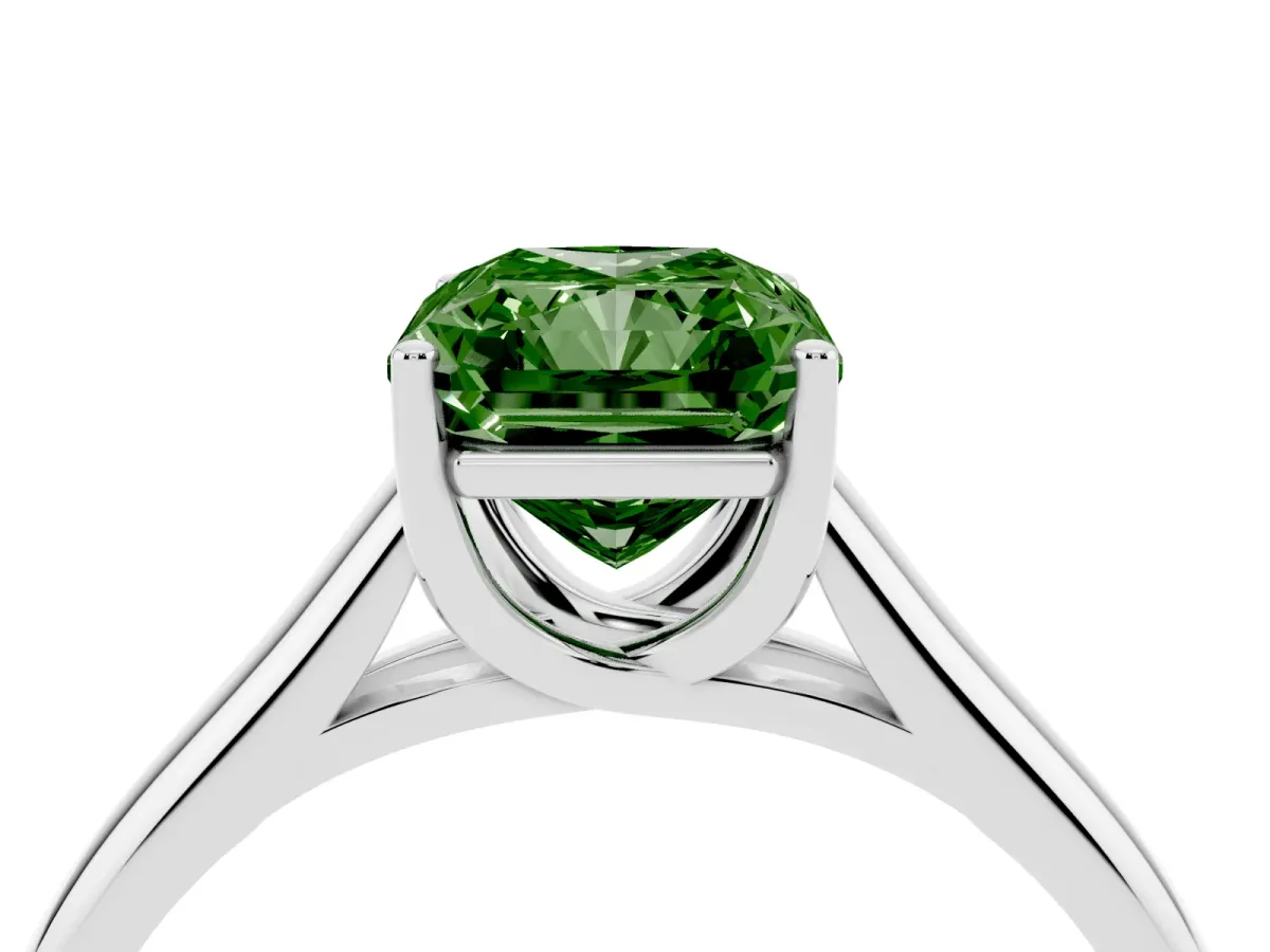 Fancy Green Radiant Cut Solitaire Engagement Ring with Tapered Band and Four-Prong Setting Platinum