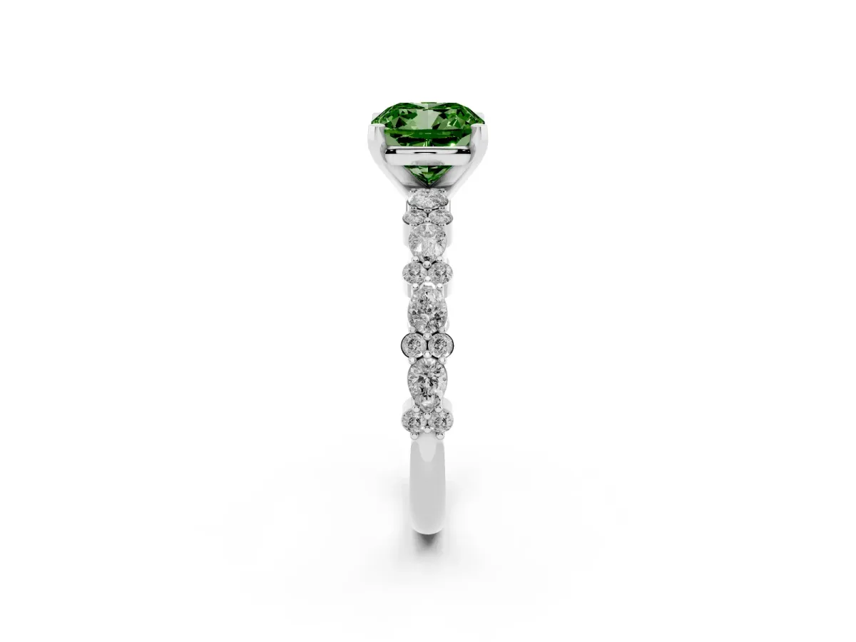 Fancy Green Cushion Cut Diamond Side Stone Solitaire Ring with Round and Four-Prong Setting Silver