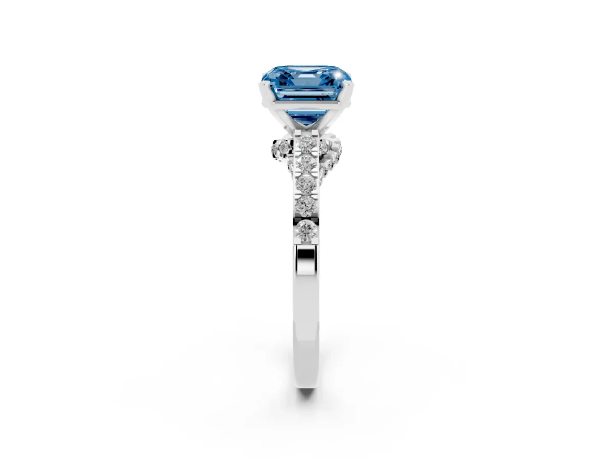 Fancy Blue Asscher Cut Diamond Solitaire Ring with Crossover Gallery and Round Pavé Band Platinum