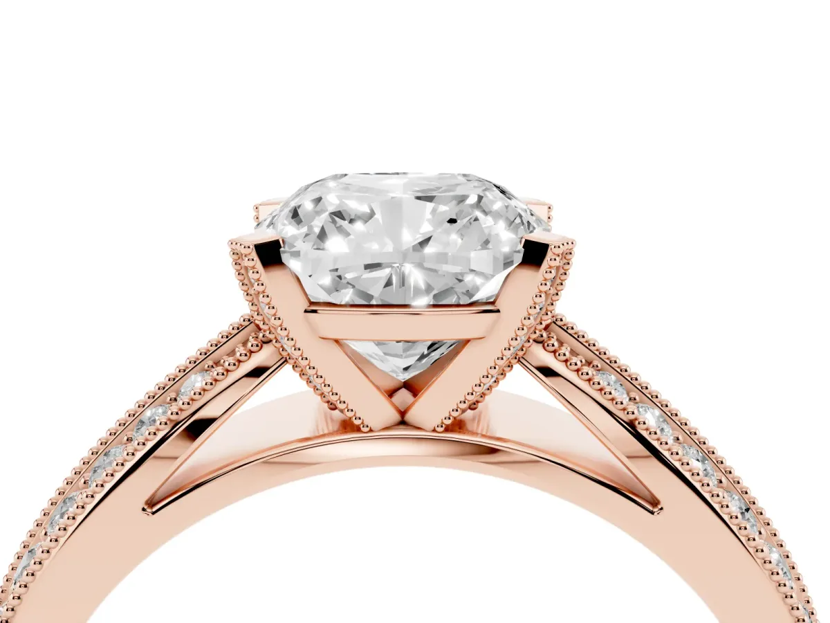 Cushion Cut Diamond Solitaire Ring with Milgrain Round Pavé Band and Prong Setting Rose gold