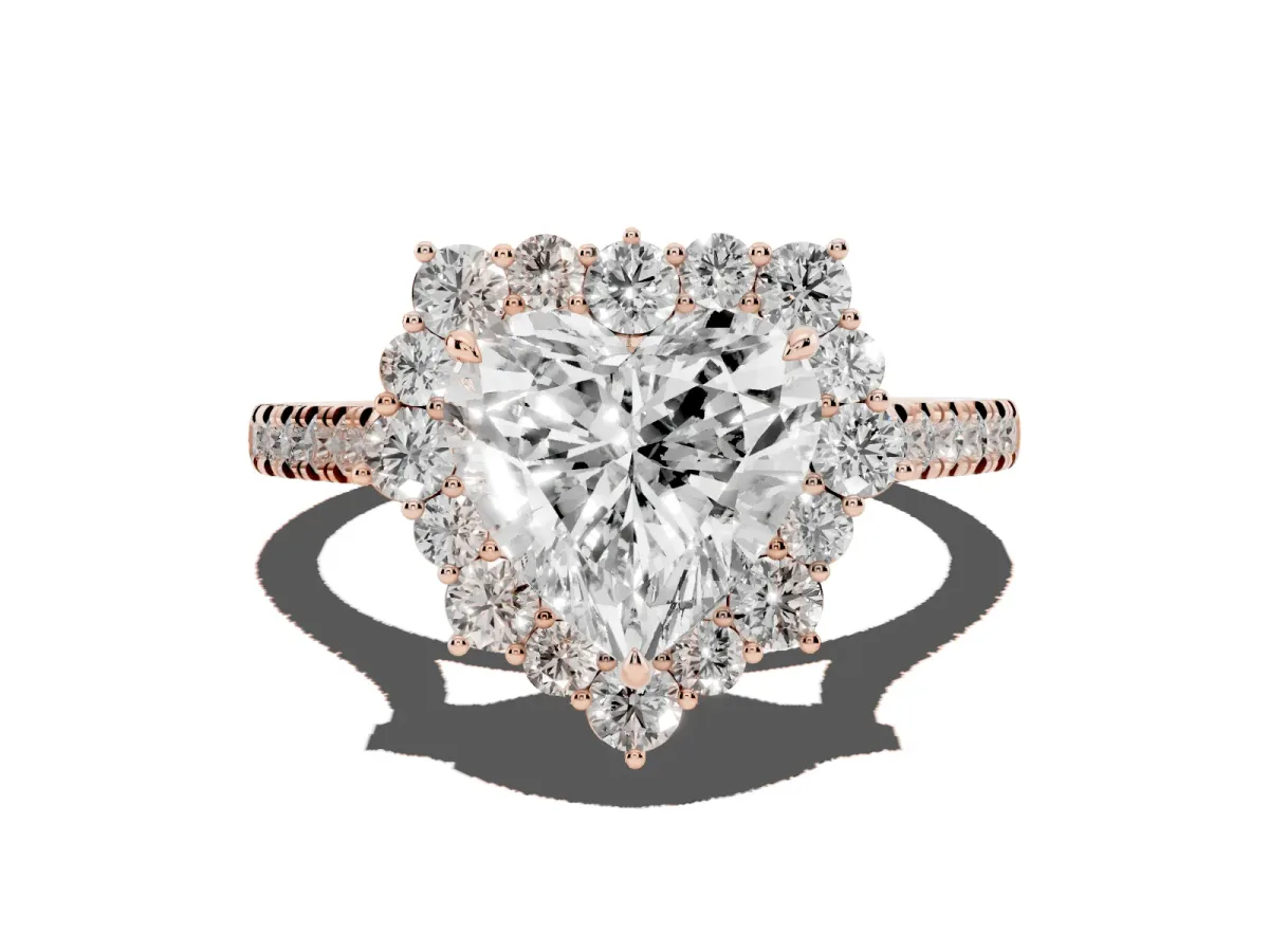 Heart Cut Halo Diamond Ring with Pavé Band and Prong Setting Rose gold