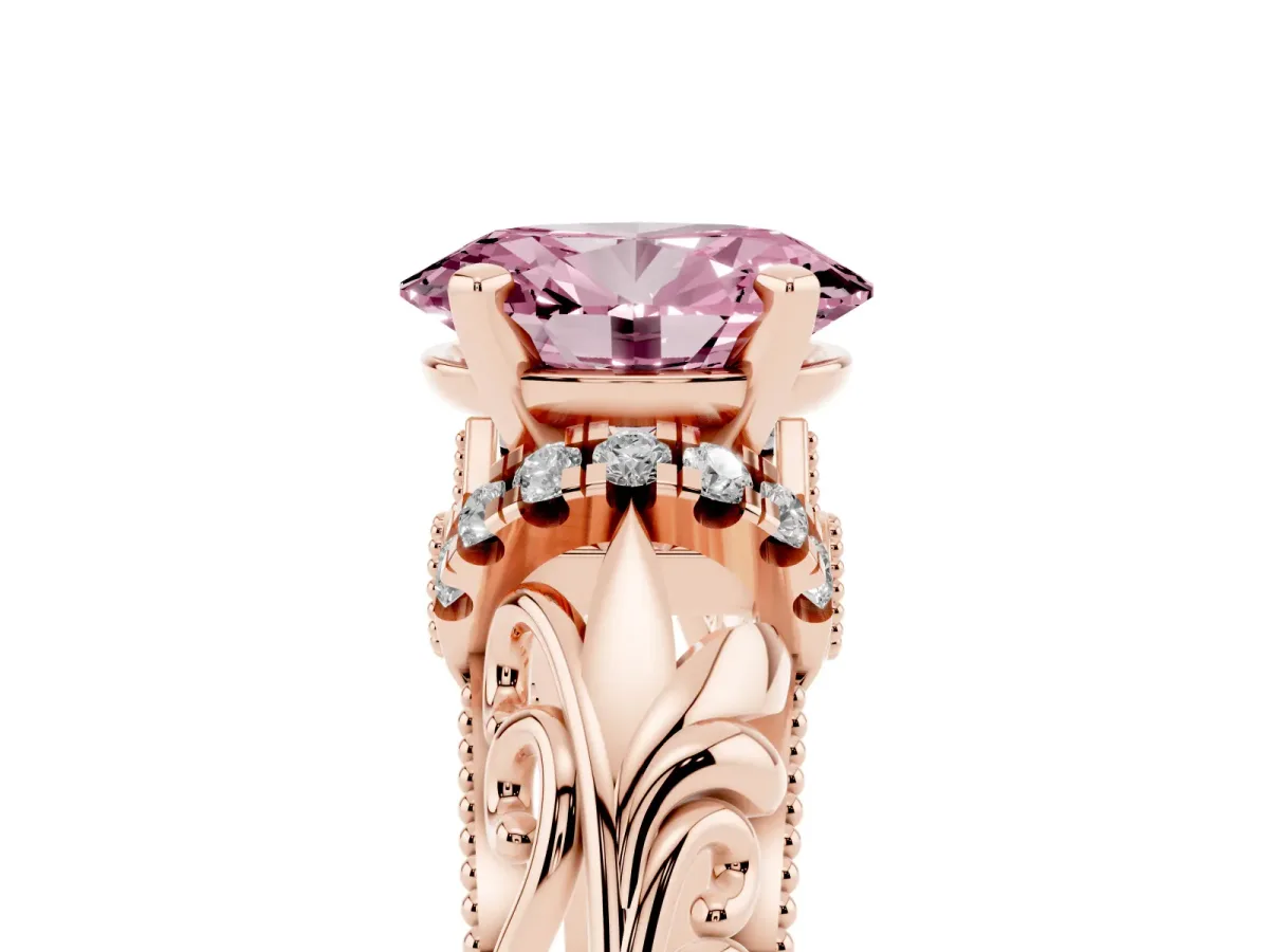 Fancy Pink Oval Cut Solitaire Filigree Engagement Ring with Halo and Prong Setting Rose gold