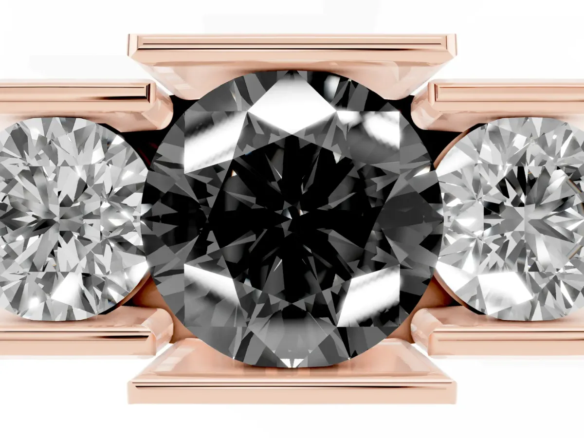 Fancy Black Three Stone Round Cut Cut Channel Set Diamond Ring Rose gold