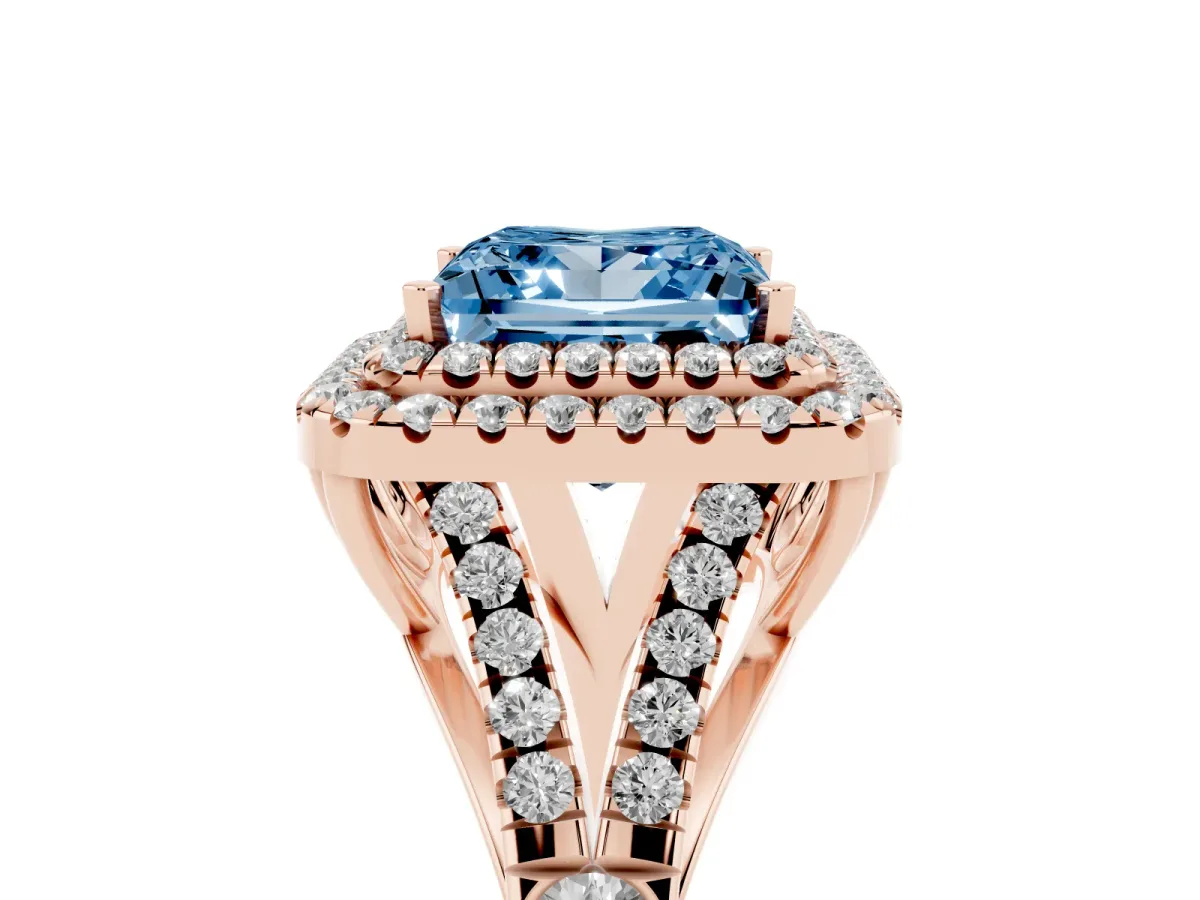 Fancy Blue Princess Cut Cut Double Halo Split Shank Diamond Ring with Prong Setting Rose gold
