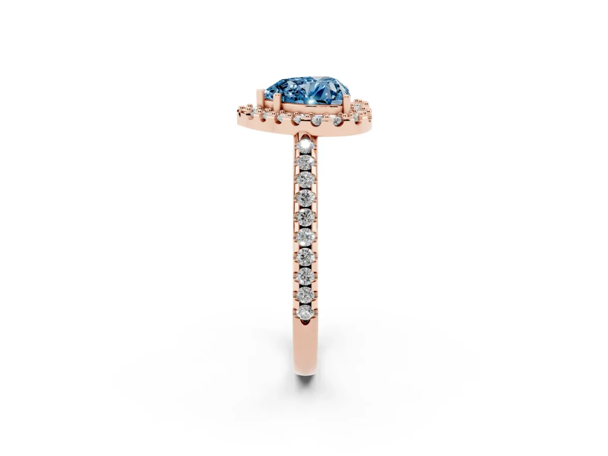 Fancy Blue Heart Cut Diamond Pavé Halo Ring with Four-Prong Setting Rose gold