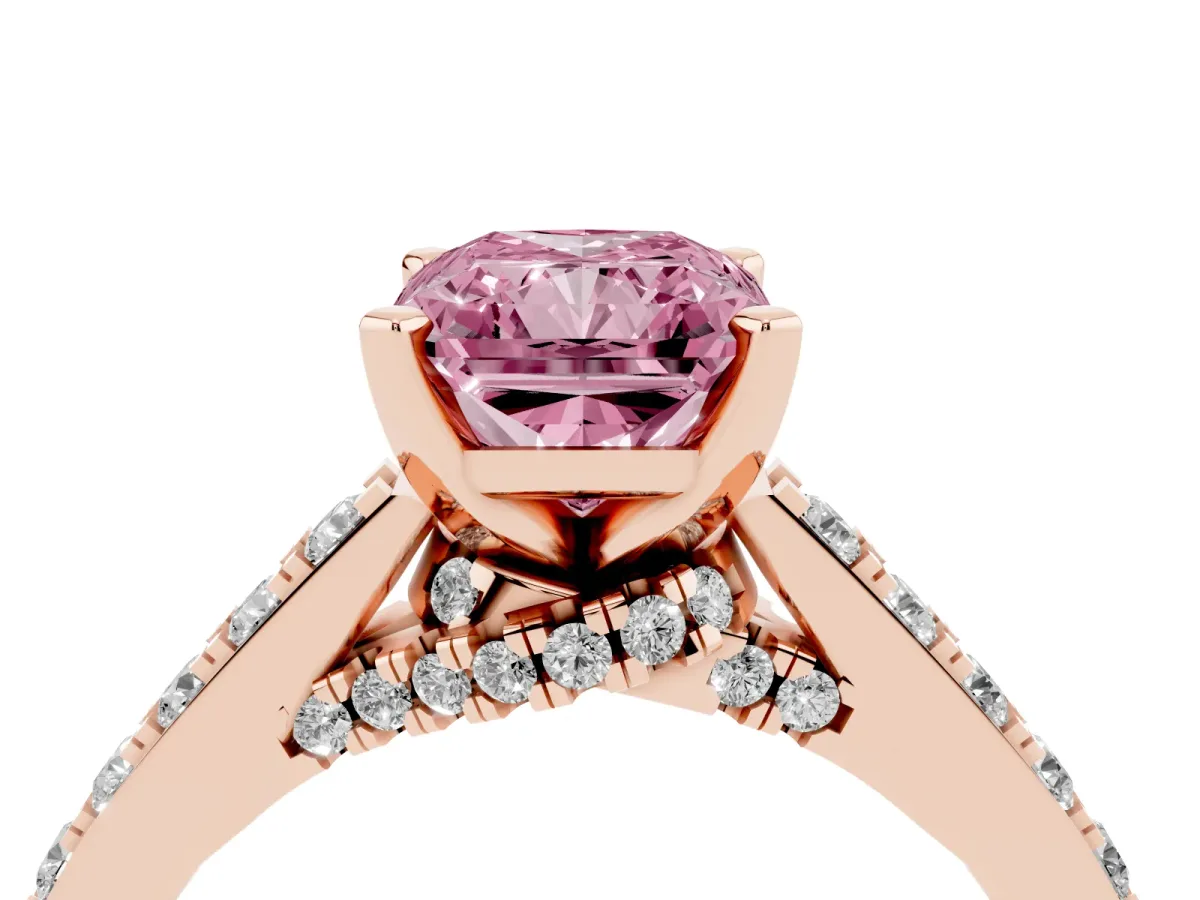 Fancy Pink Radiant Cut Diamond Solitaire Ring with Crossover Gallery and Round Pavé Band Rose gold
