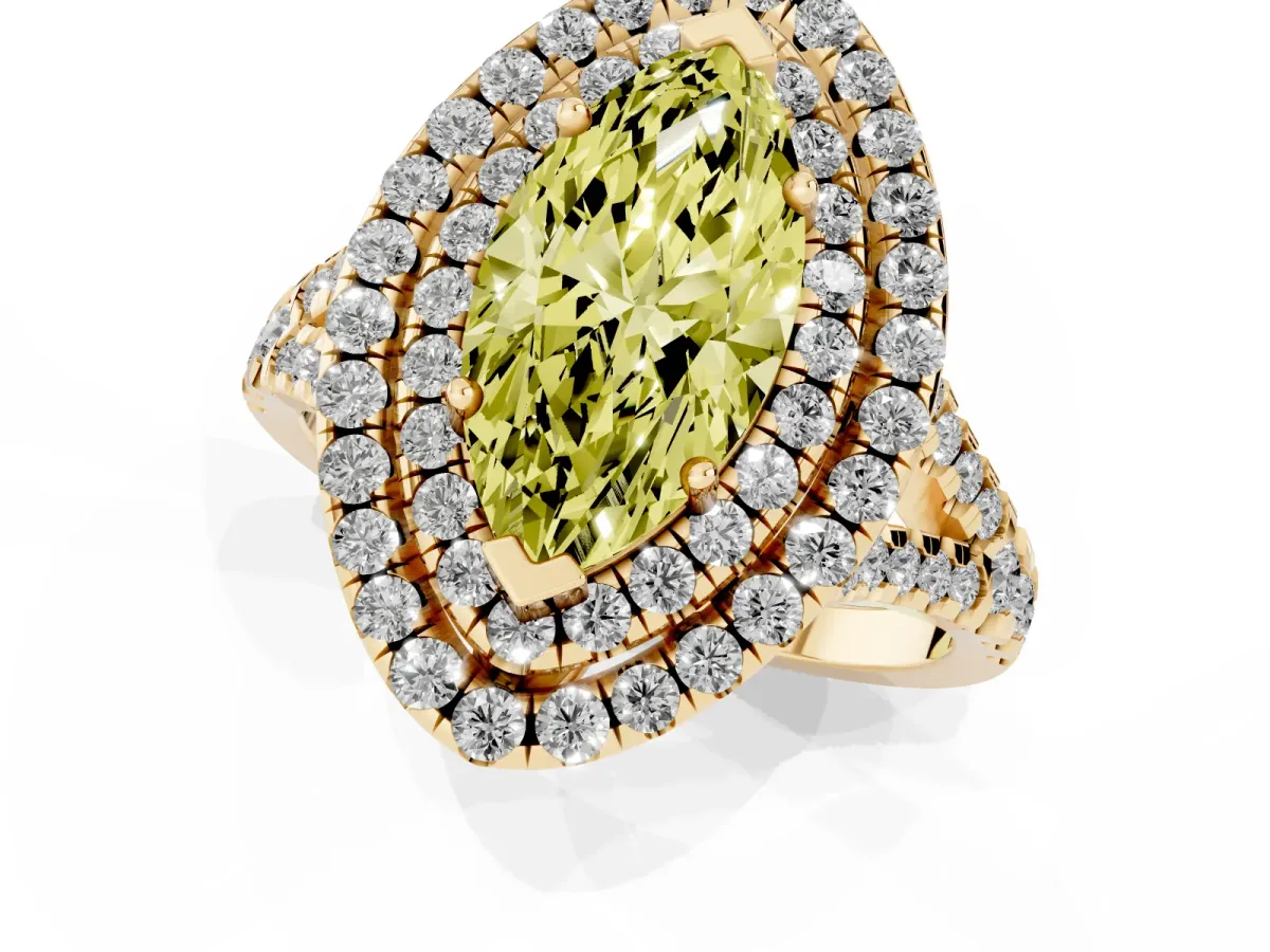 Fancy Yellow Double Halo Marquise Cut Diamond Pavé Split Shank Ring with Prong Setting Yellow gold