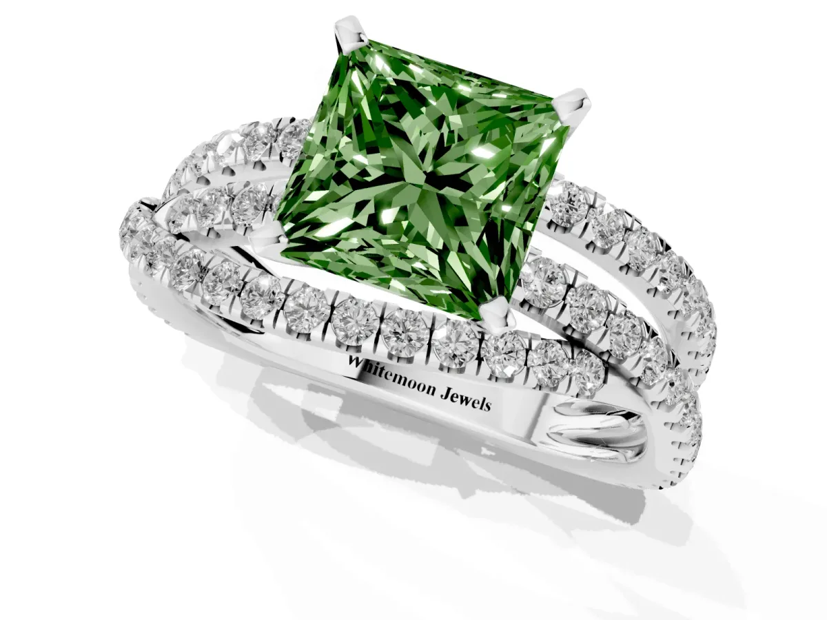 Fancy Green Princess Cut Solitaire Twist Band with Pavé Setting and Four-Prong Setting Silver