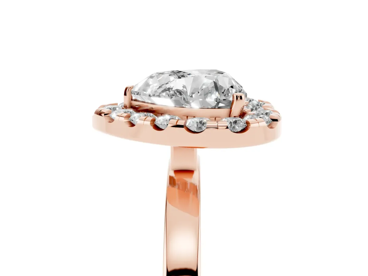 Heart Cut Halo Diamond Solitaire with Pavé Band and Four-Prong Setting Rose gold
