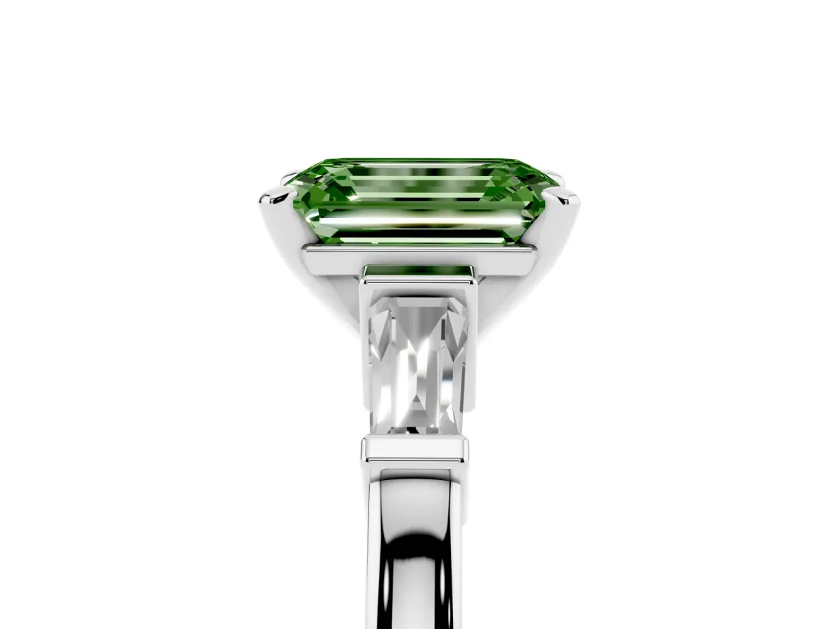 Fancy Green Emerald Cut Cut Diamond Solitaire Ring with Tapered Baguette Accents and Four-Prong Setting Silver