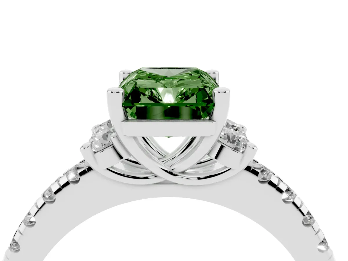 Fancy Green Radiant Cut Diamond Three-Stone Pave Band with Four-Prong Setting Silver