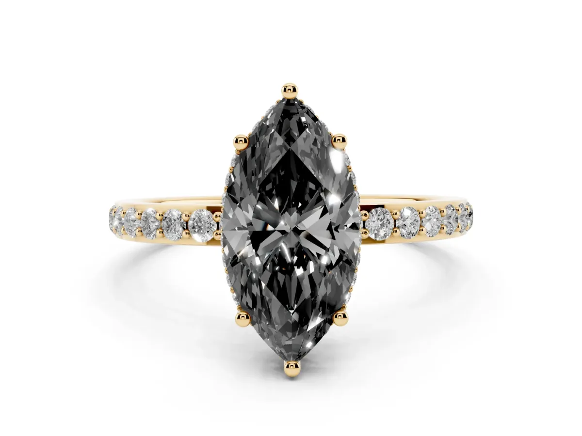 Fancy Black Marquise Cut Diamond Solitaire Ring with Pavé Band and Hidden Halo Yellow gold