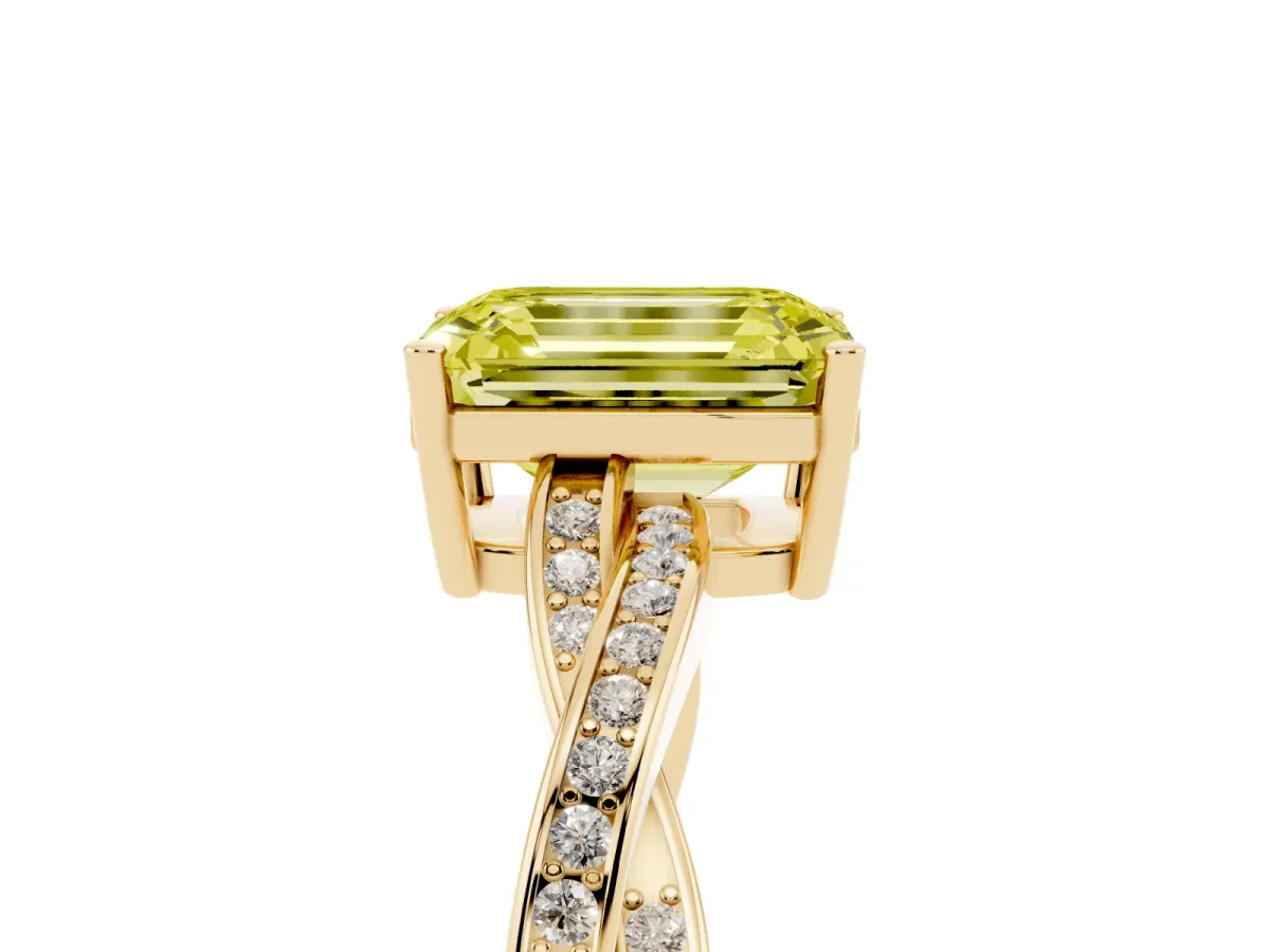 Fancy Yellow Emerald Cut Solitaire Twisted Pave Diamond Ring with Four-Prong Setting Yellow gold