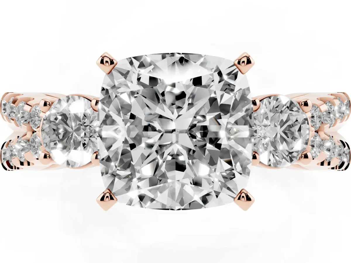 Cushion Cut Diamond Three-Stone Ring with Pavé Split Shank and Four-Prong Setting Rose gold