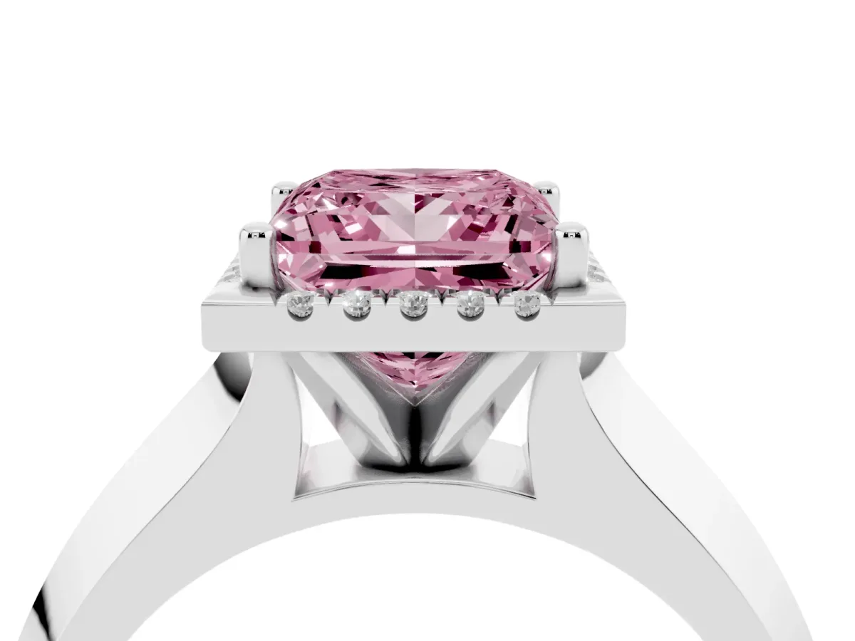 Fancy Pink Princess Cut Halo Diamond Ring with Cathedral Band and Four-Prong Setting Silver
