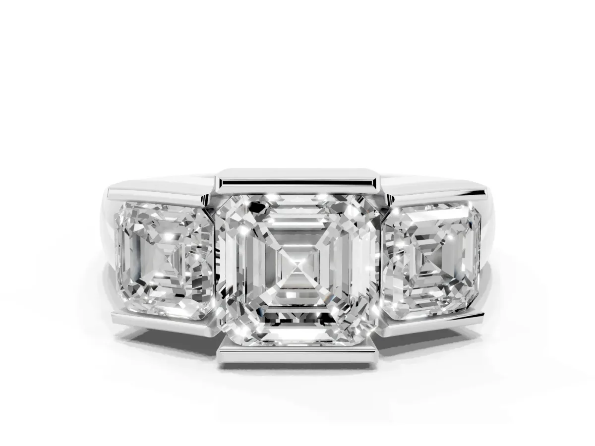 Three Stone Asscher Cut Cut Channel Set Diamond Ring Silver