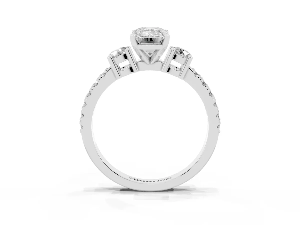 Emerald Cut Three-Stone Diamond Pavé Band with Prong Setting Silver