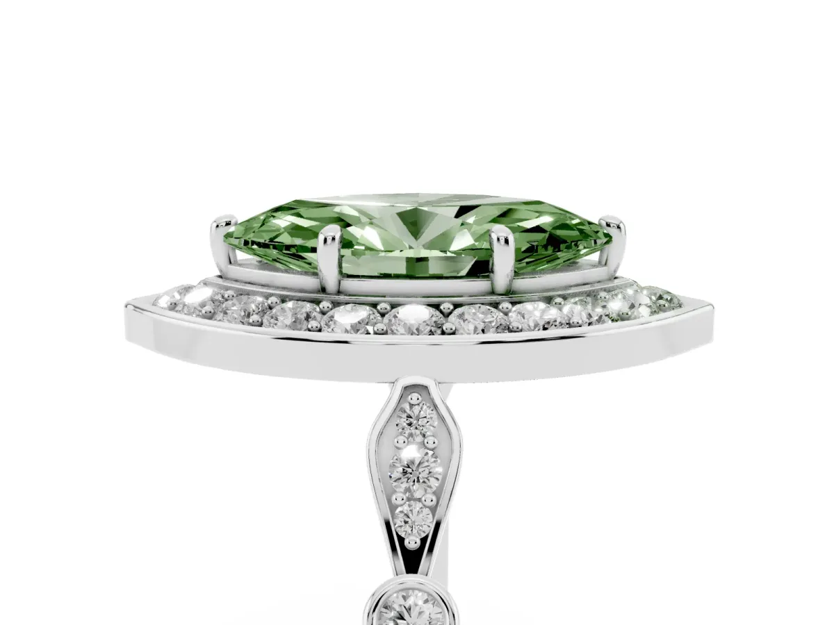 Fancy Green Marquise Cut Halo Diamond Engagement Ring with Twisted Band and Four-Prong Setting Platinum
