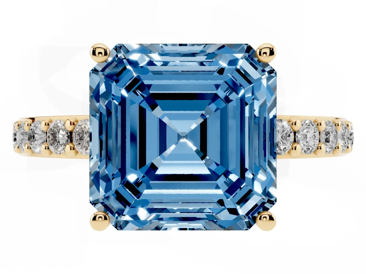 Fancy Blue Asscher Cut Cut Diamond Solitaire with Pave Band and Four-Prong Setting Yellow gold