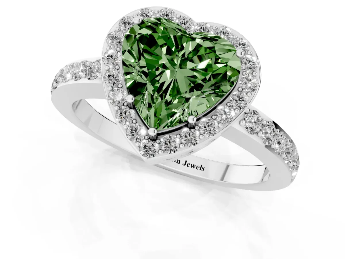 Fancy Green Heart Cut Halo Diamond Pavé Band Ring with Prong Setting Platinum