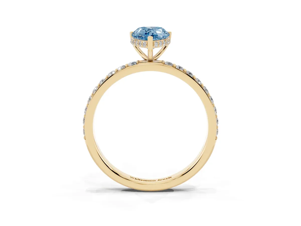 Fancy Blue Pear Cut Diamond Solitaire Ring with Pavé Band and Hidden Halo Yellow gold