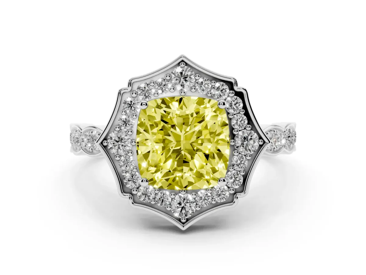 Fancy Yellow Cushion Cut Halo Diamond Engagement Ring with Milgrain Band and Four-Prong Setting White gold