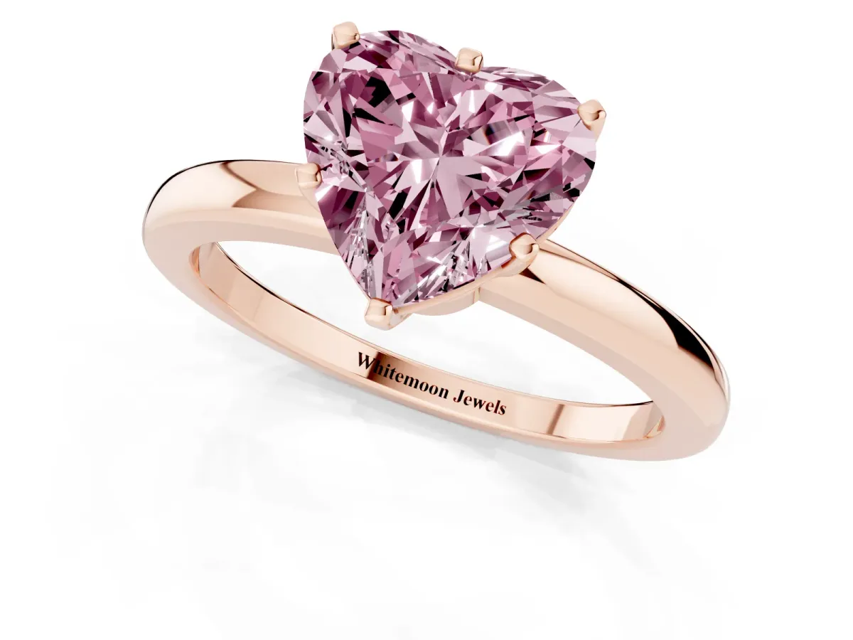 Fancy Pink Heart Cut Solitaire Diamond Ring with Six-Prong Setting on a Classic Band Rose gold