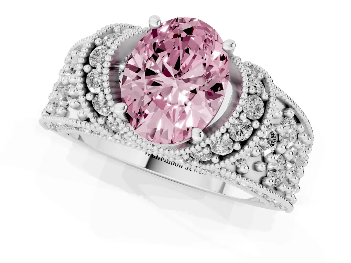 Fancy Pink Oval Cut Halo Pave Diamond Engagement Ring with Milgrain Detailing Silver