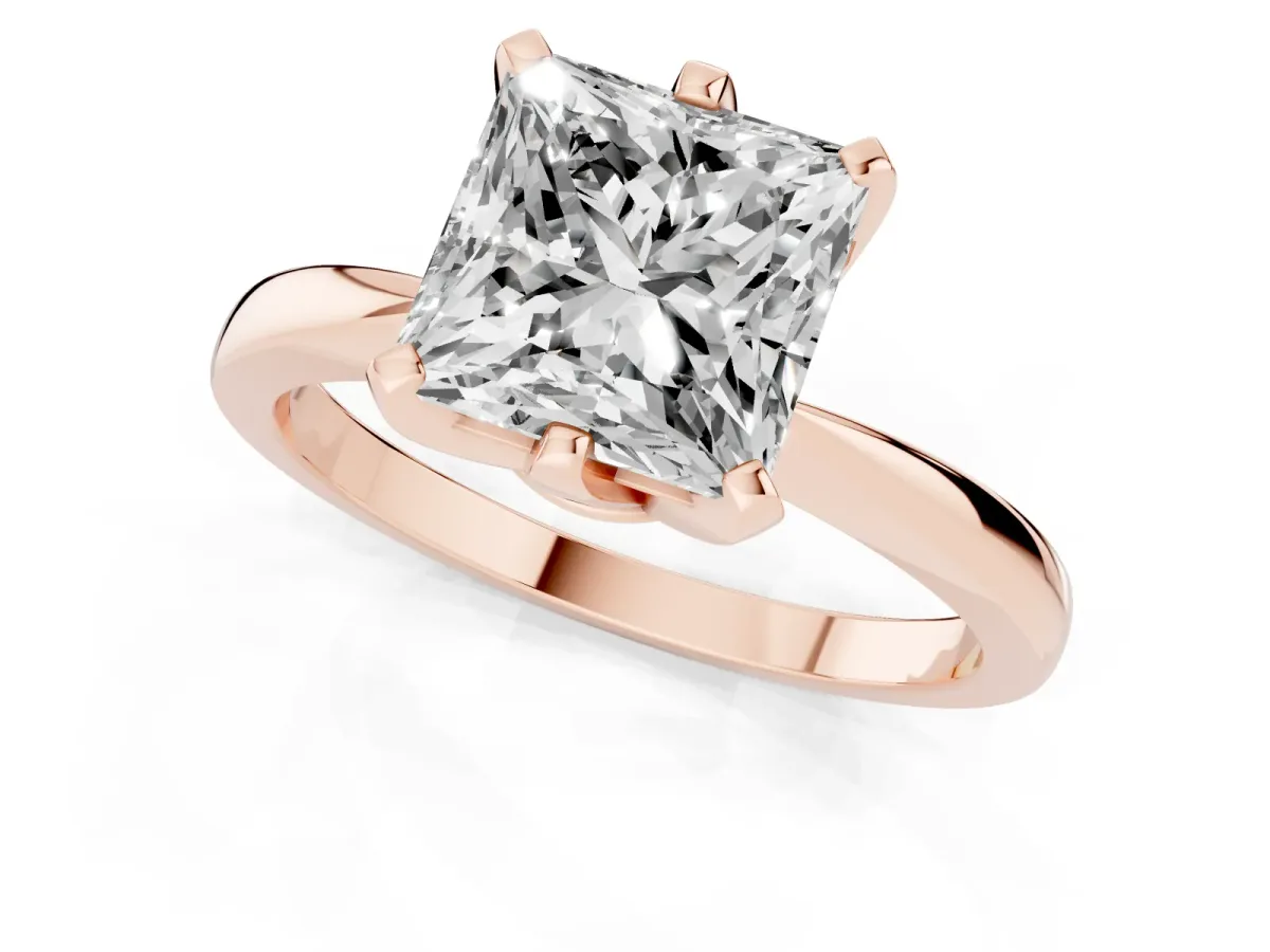 Princess Cut Solitaire Engagement Ring with Six-Prong Setting and Tapered Band Rose gold