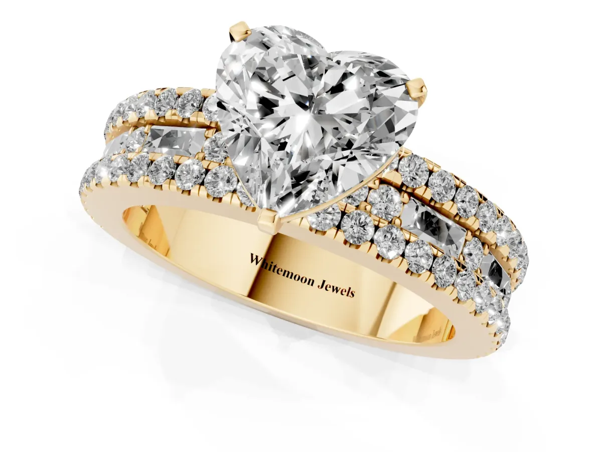 Heart Cut Diamond Solitaire Ring with Pavé and Channel Set Band Yellow gold